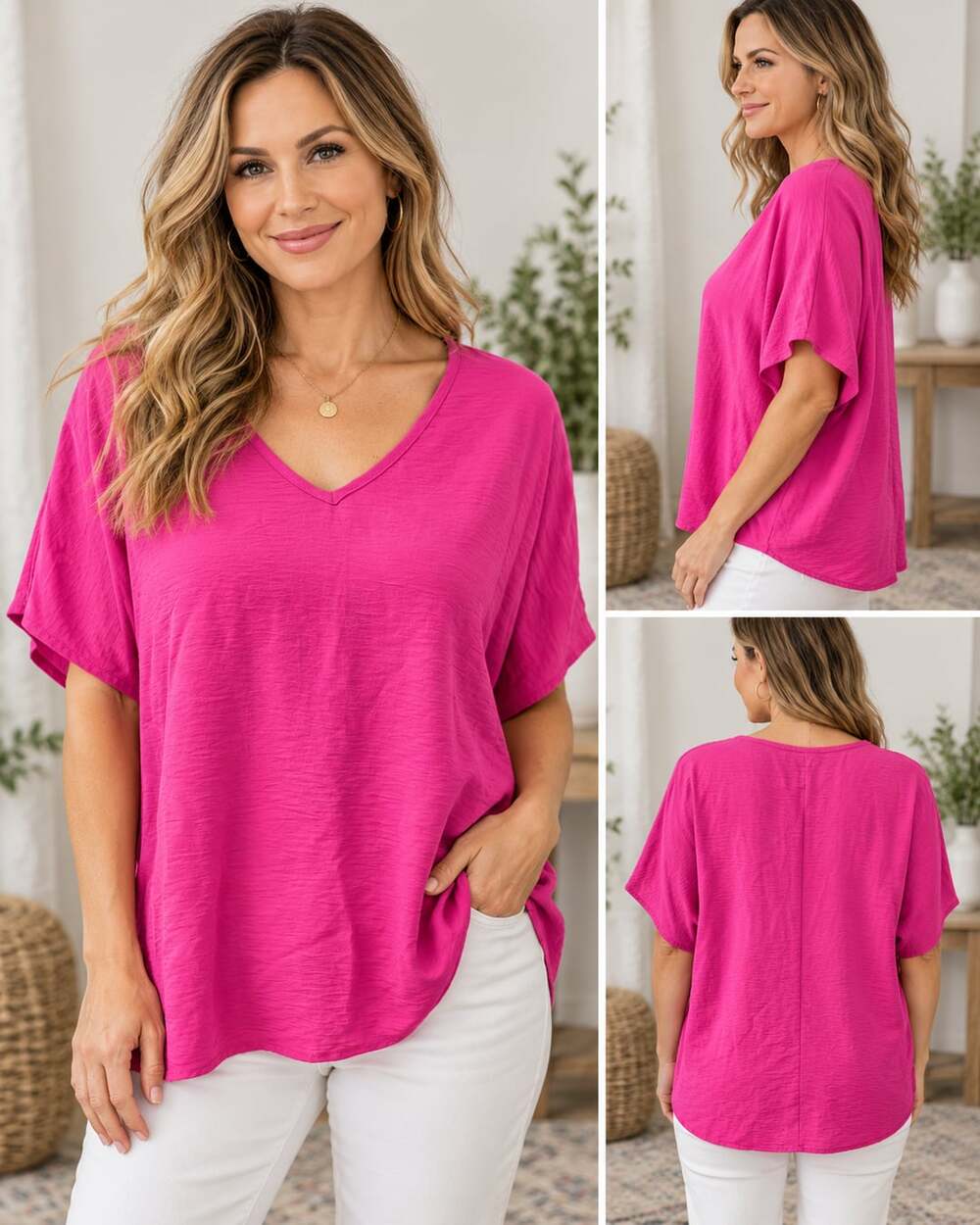 Entro V-Neck Blouse Size Small Hot Pink Short Sleeve Textured Top